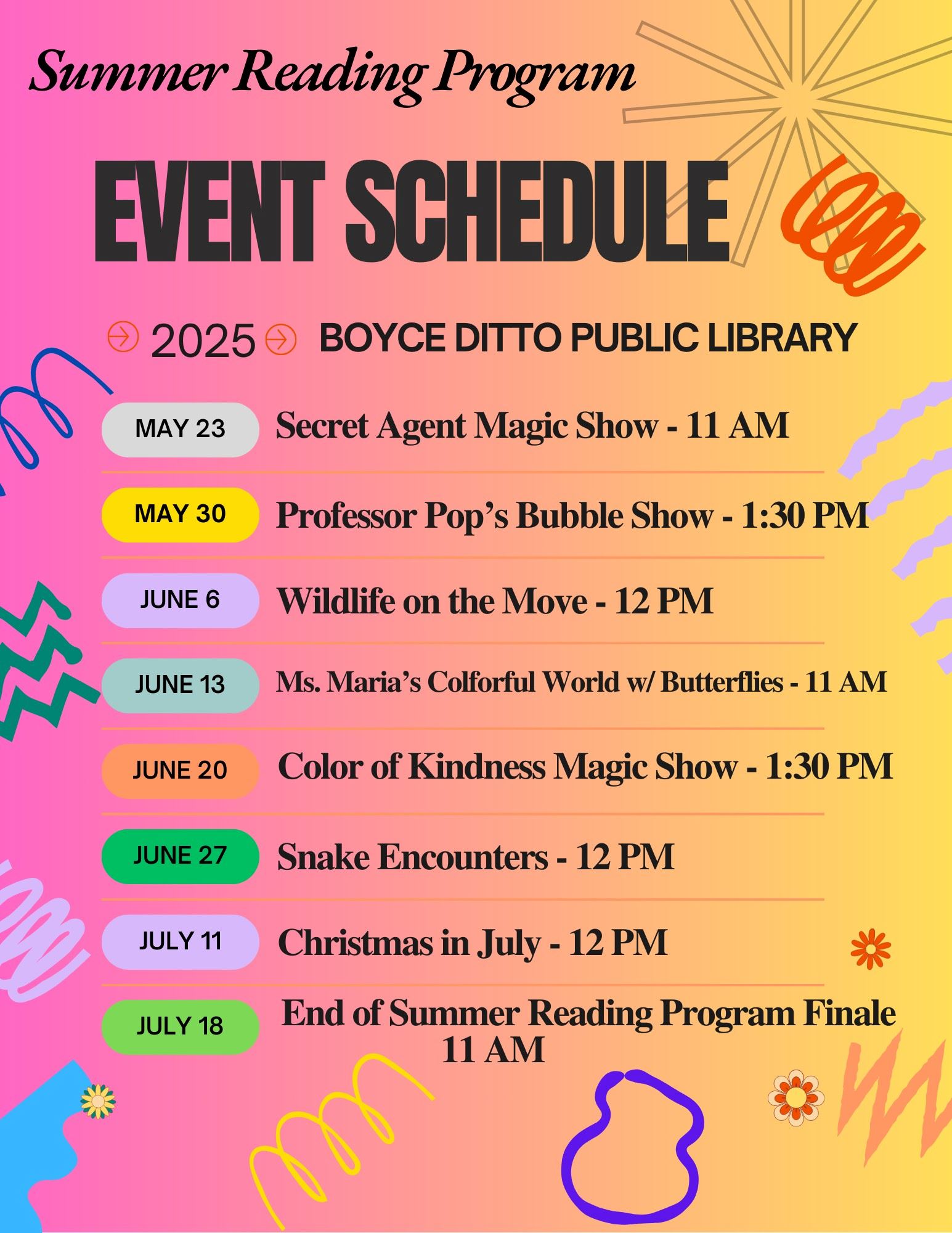 Summer Reading Program Calendar